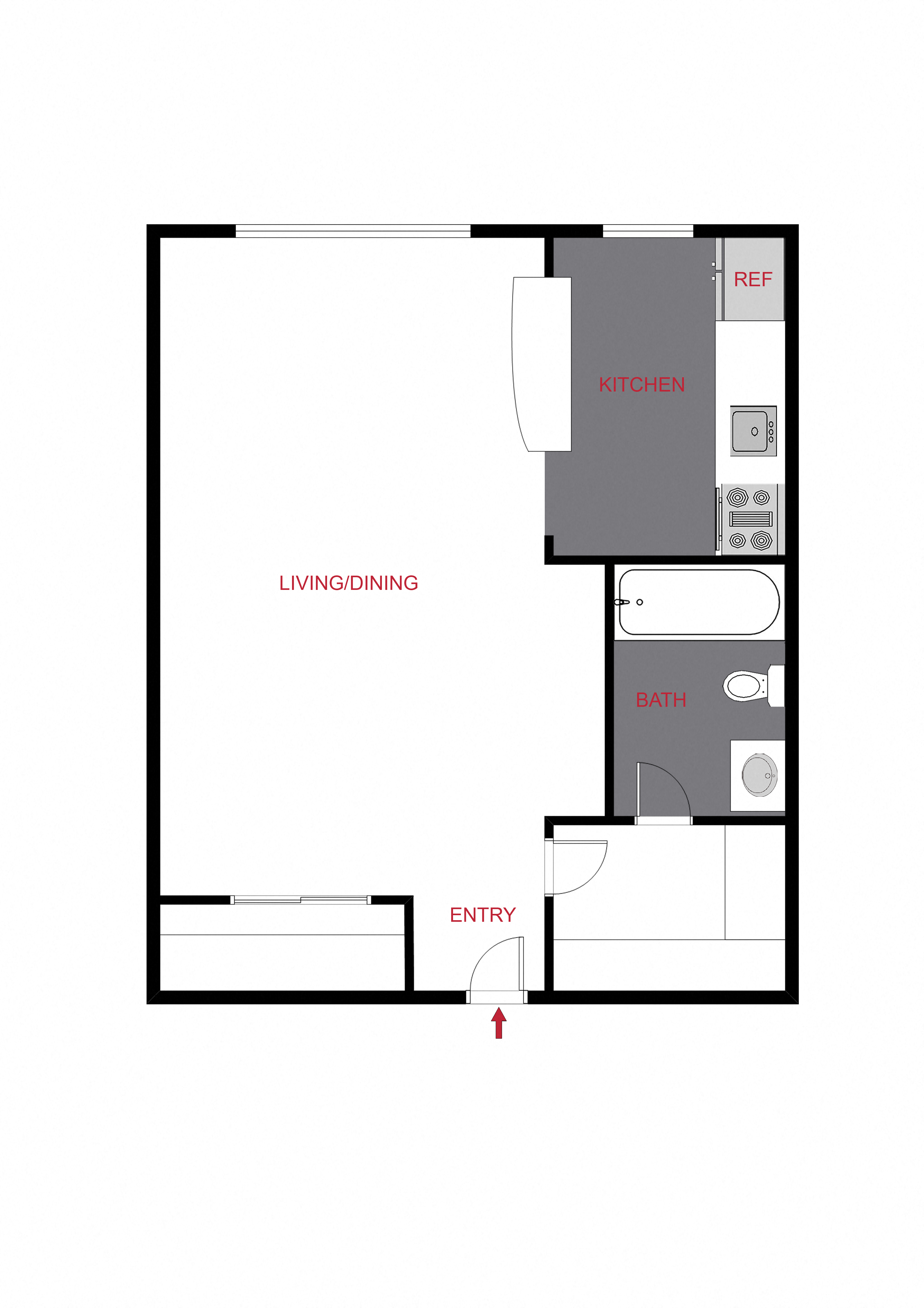 Floor plan for studio, 1 bath, 405 sqft